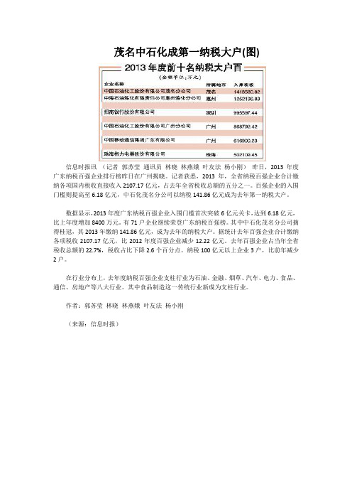 茂名中石化成第一纳税大户