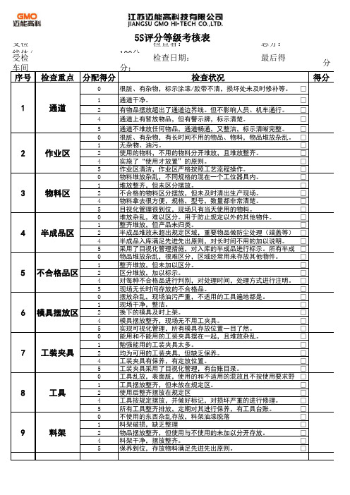 5S评分等级考核表