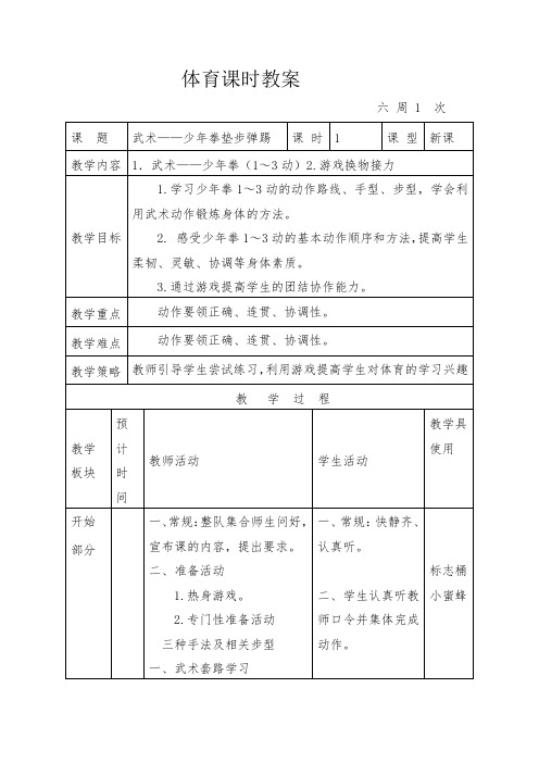 新人教版五至六年级体育下册《武术  3.垫步弹踢》公开课教案_1