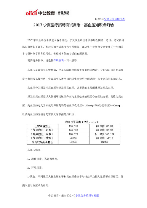 2017宁夏医疗招聘面试备考：高血压知识点归纳