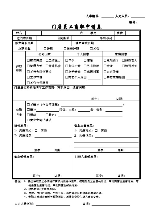 门店员工离职申请表