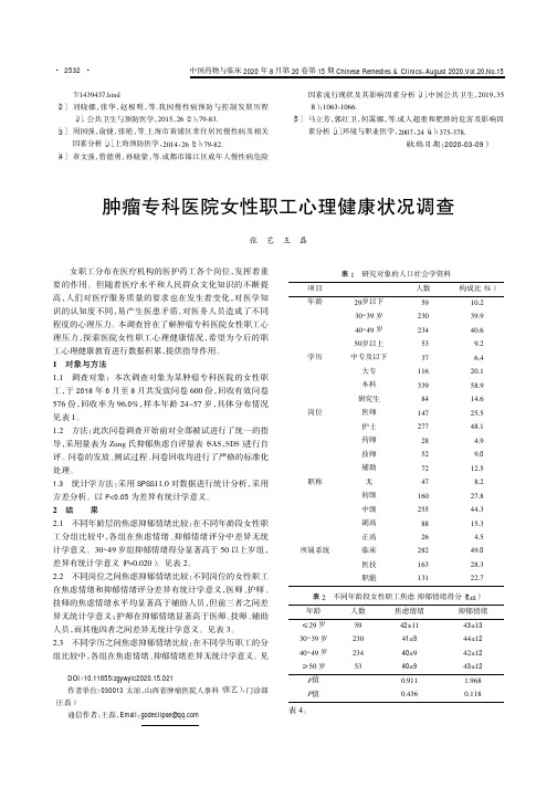 肿瘤专科医院女性职工心理健康状况调查