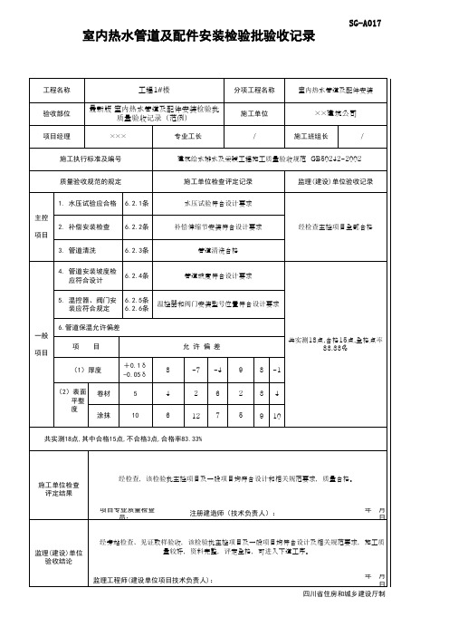 001最新版 室内热水管道及配件安装检验批质量验收记录(范例)