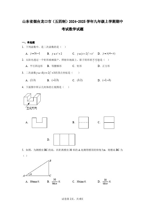 山东省烟台龙口市(五四制)2024-2025学年九年级上学期期中考试数学试题