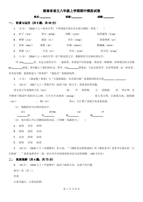 湖南省语文八年级上学期期中模拟试卷