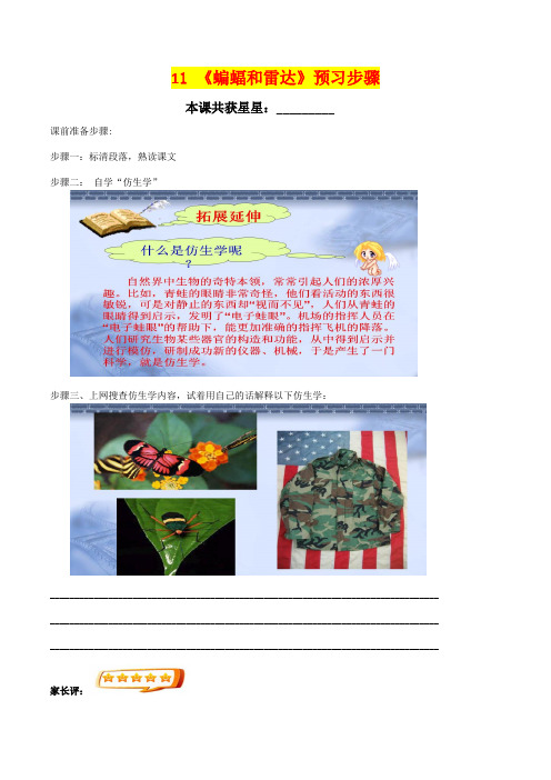 深圳优质课教案    小学四年级语文   翻转课堂11 《蝙蝠和雷达》预习步骤导学笔记