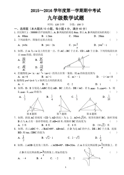 2015～2016学年度第一学期期中考试数学试卷