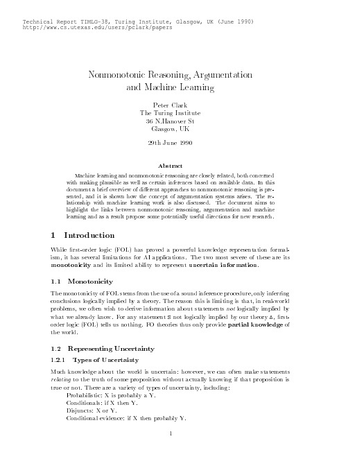 Nonmonotonic Reasoning, Argumentation and Machine Learning