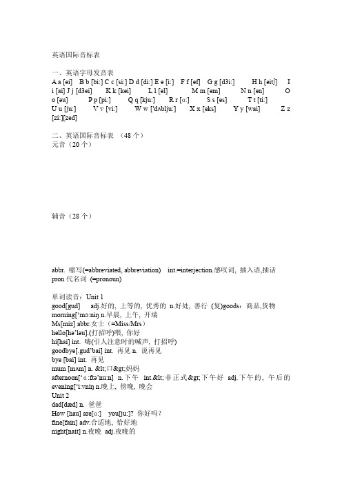 英语国际音标表及小学三年级上册单词读音