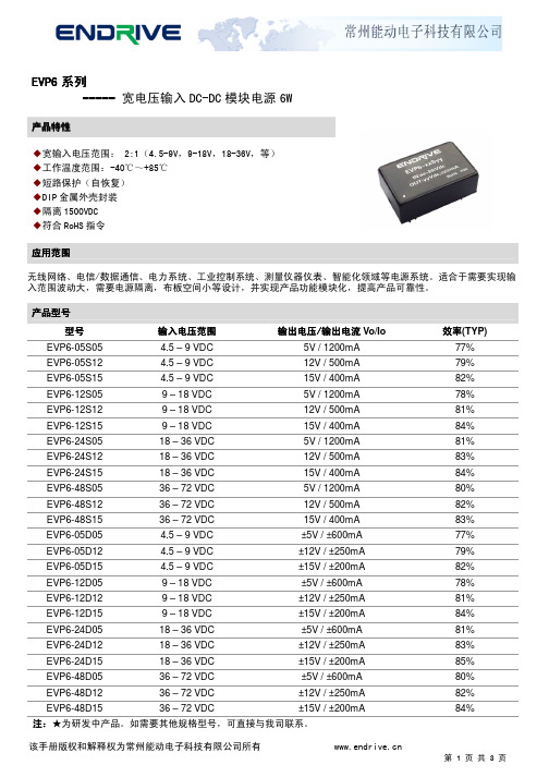 常州能动电子科技有限公司 EV EV EV PP P 系列宽电压输入 DC-DC 模块电源说明书