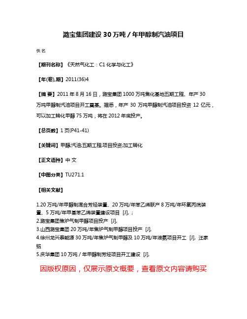 潞宝集团建设30万吨／年甲醇制汽油项目