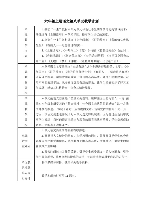 六年级上册语文第八单元教学计划