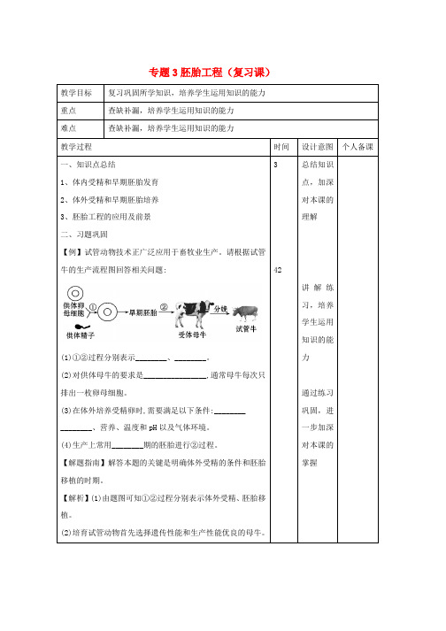 人教版高中生物专题3胚胎工程复习课教案选修3