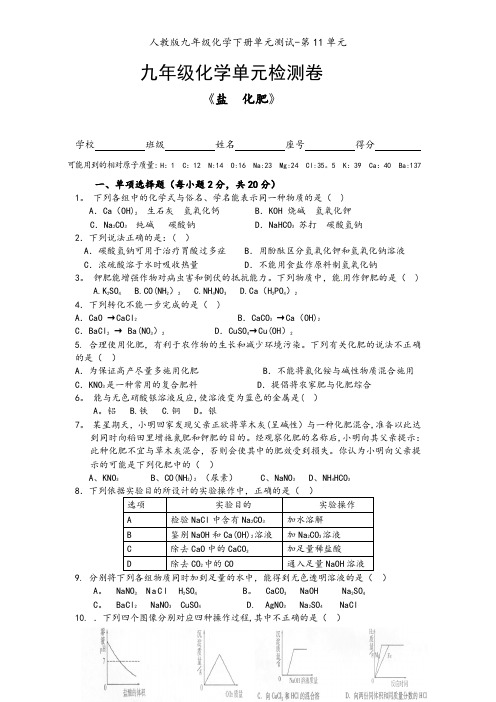 人教版九年级化学下册单元测试-第11单元