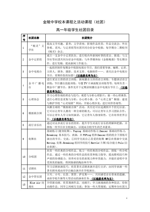 金陵中学校本课程之活动课程(社团)