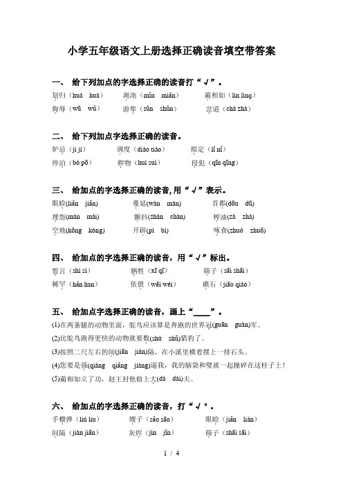 小学五年级语文上册选择正确读音填空带答案