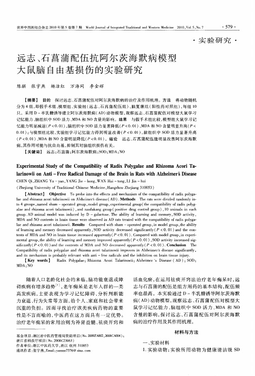 远志、石菖蒲配伍抗阿尔茨海默病模型大鼠脑自由基损伤的实验研究