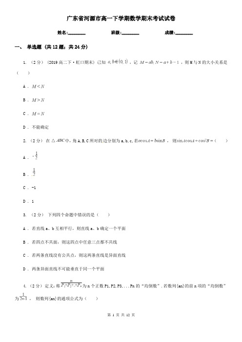 广东省河源市高一下学期数学期末考试试卷