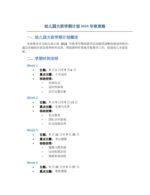 幼儿园大班学期计划2024年秋表格