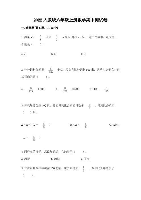 2022人教版六年级上册数学期中测试卷精品【易错题】