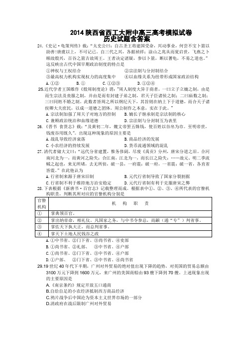 2014陕西省西工大附中高三高考模拟试卷历史试题含答案