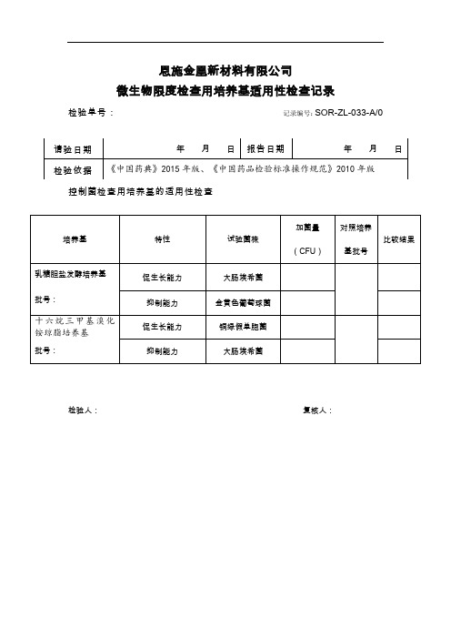 微生物限度检查用培养基适用性检查记录(控制菌)