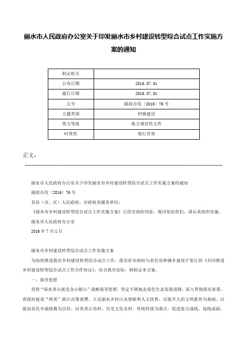 丽水市人民政府办公室关于印发丽水市乡村建设转型综合试点工作实施方案的通知-丽政办发〔2016〕76号