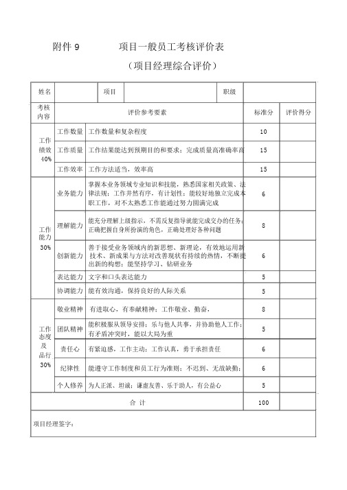 项目一般员工考核评价表(项目经理评)