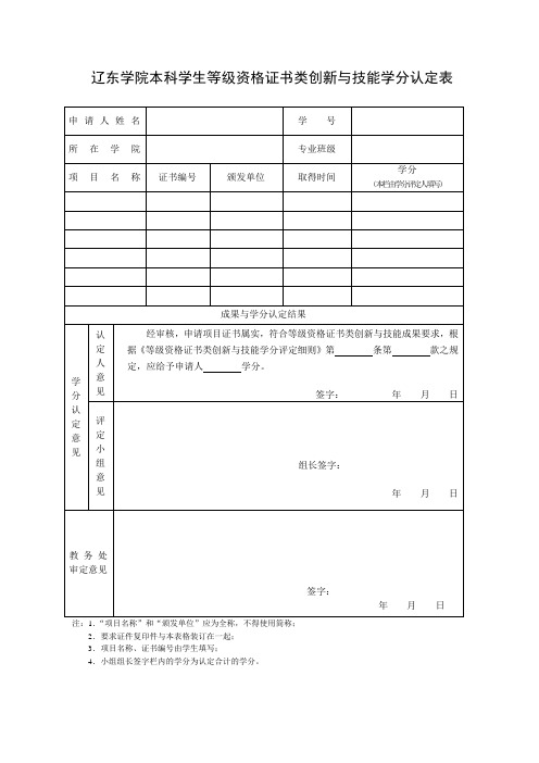 辽东学院等级资格证书类创新与技能学分认定表