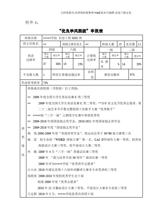 优良学风班申请表