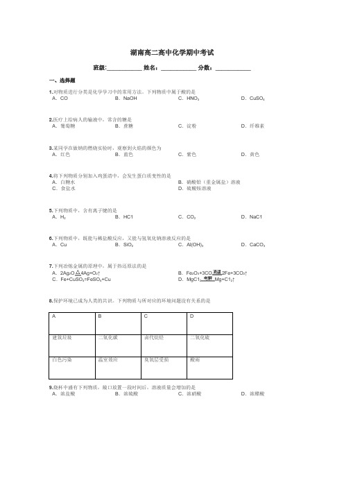 湖南高二高中化学期中考试带答案解析
