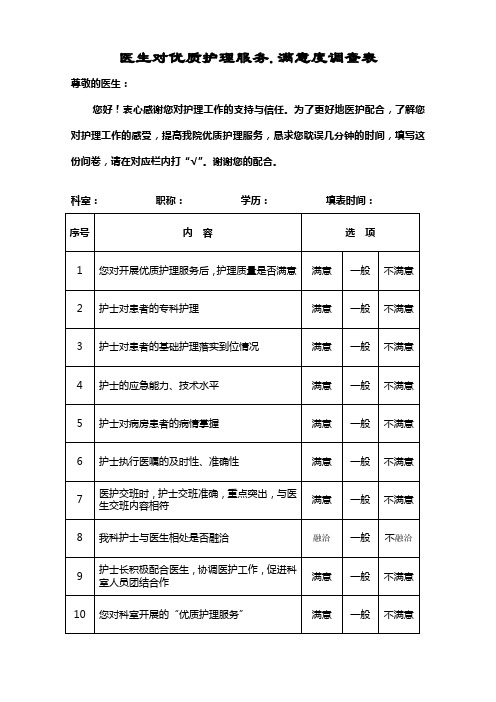 医生对优质护理服务.满意度调查表