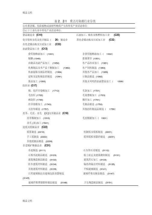 最新表2.2-1重点污染源行业分类