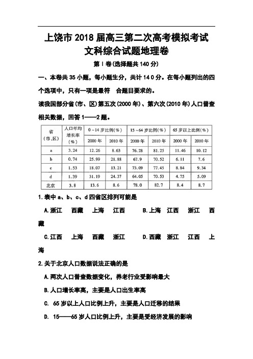 2018届江西省上饶市高三第二次模拟考试地理试题及答案