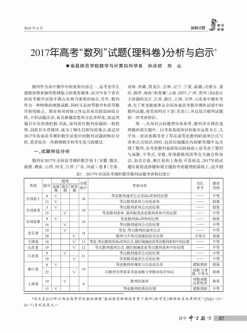 2017年高考“数列”试题(理科卷)分析与启示