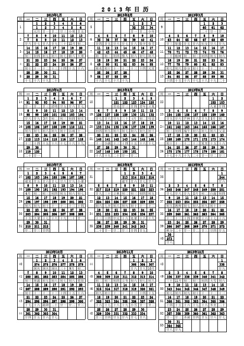 2013年日历+节假日+农历+星期数+年内第几天【可打印】