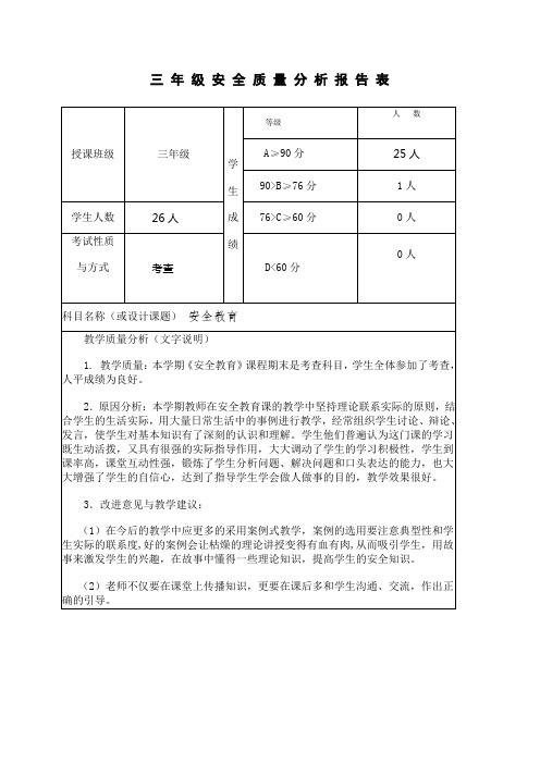 三 年 级 安 全 质 量 分 析 报 告 表