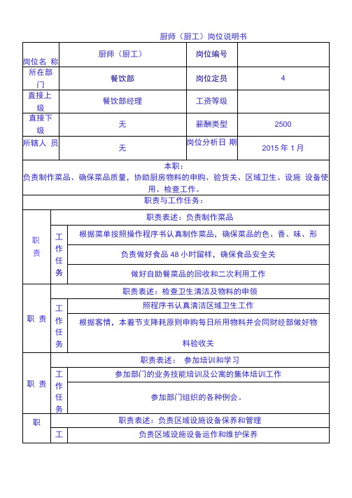 厨师、厨工岗位说明书