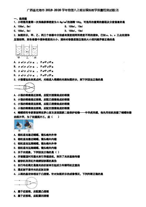 广西省北海市2019-2020学年物理八上期末模拟教学质量检测试题(2)