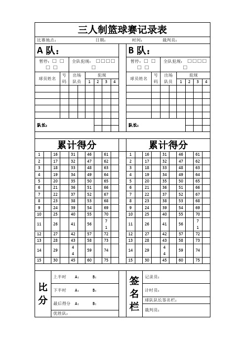 三人制篮球赛记录表