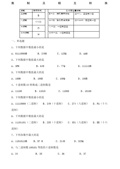 进制十进制八进制十六进制转换练习题