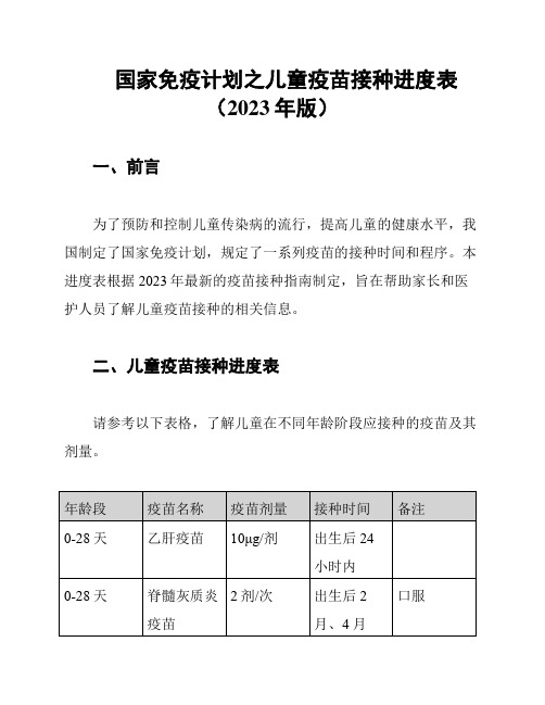 国家免疫计划之儿童疫苗接种进度表(2023年版)