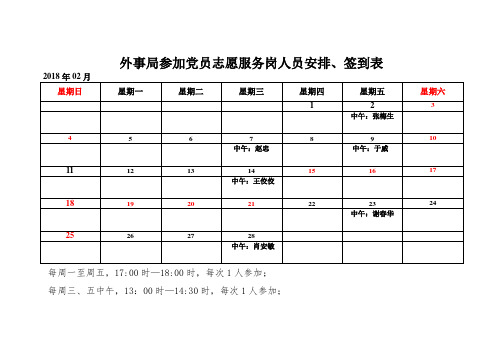 外事局参加党员志愿服务岗人员安排签到表