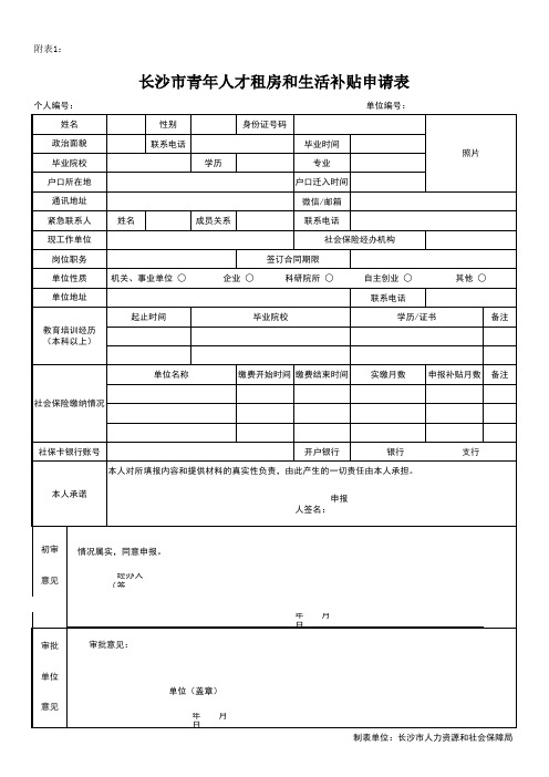 长沙市青年人才租房和生活补贴申请表