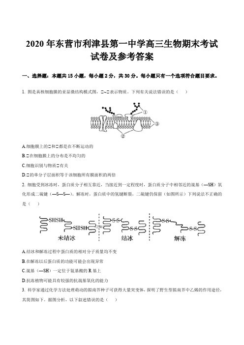 2020年东营市利津县第一中学高三生物期末考试试卷及参考答案