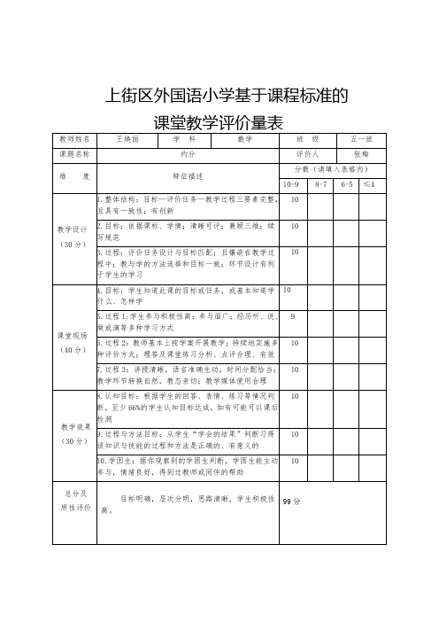 家长开放课堂教学评价量表(10张)