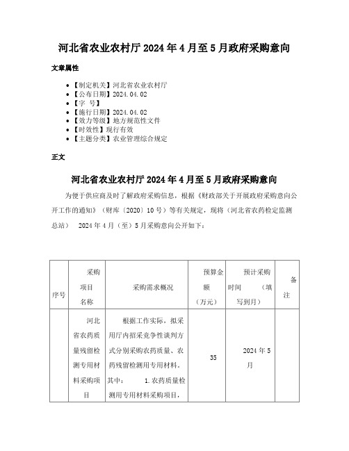 河北省农业农村厅2024年4月至5月政府采购意向