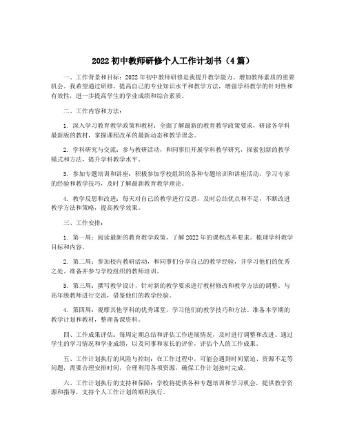 2022初中教师研修个人工作计划书(4篇)