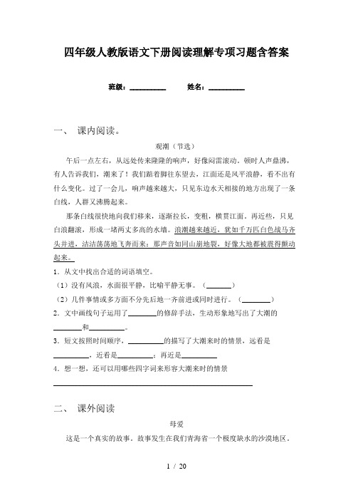 四年级人教版语文下册阅读理解专项习题含答案