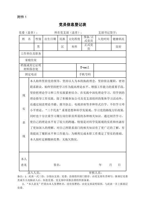 党员信息登记表 党员现实表现